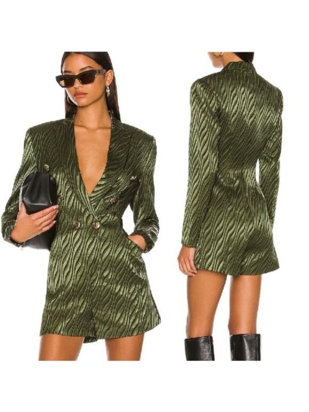 Retrofete Jana Jacquard Blazer Romper M Green Animal Print Plunging Neckline